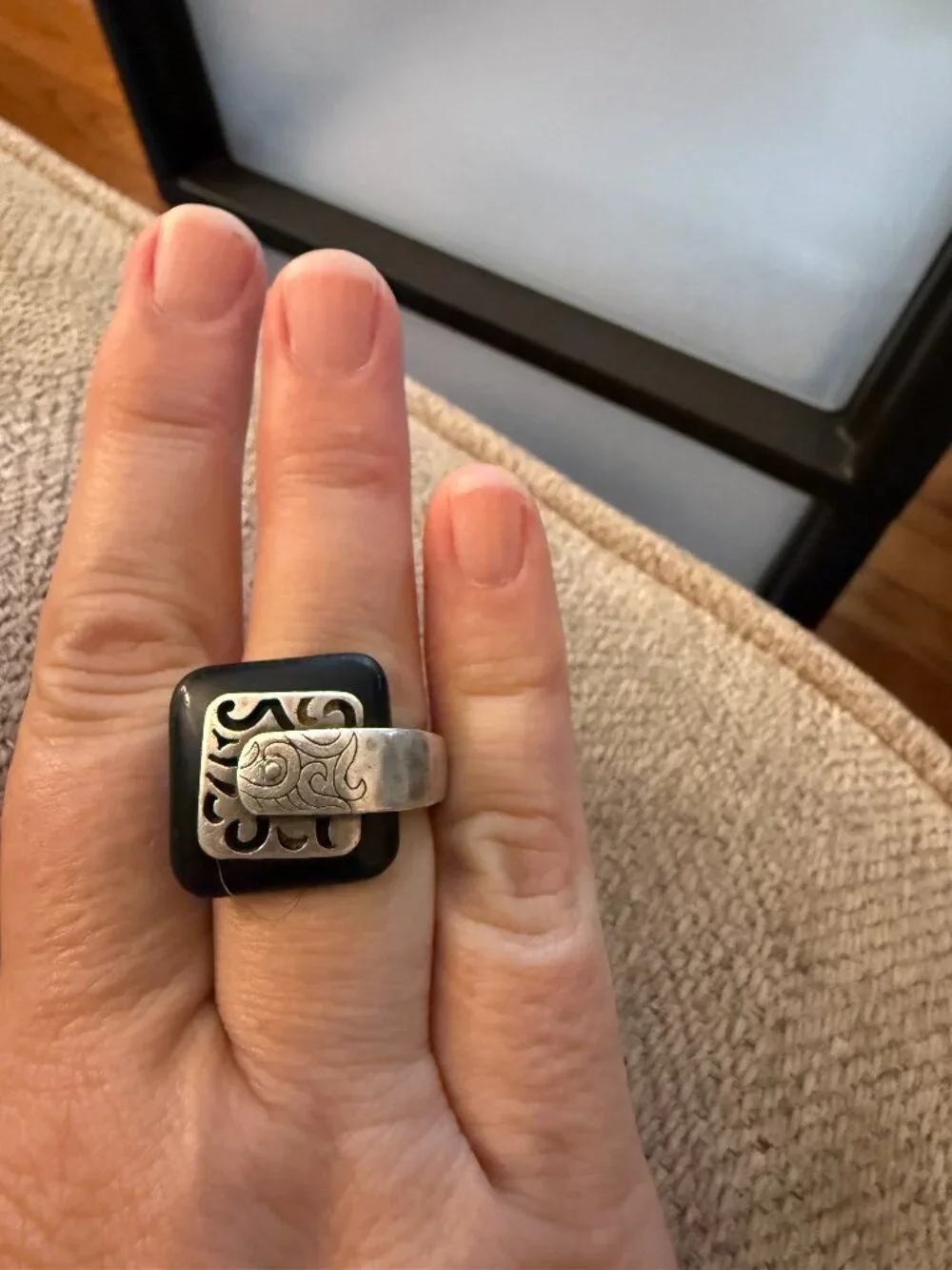 Vintage Retired Silpada 925 Sterling Silver Black Agate Blacktop Swirl Ring Sz 7